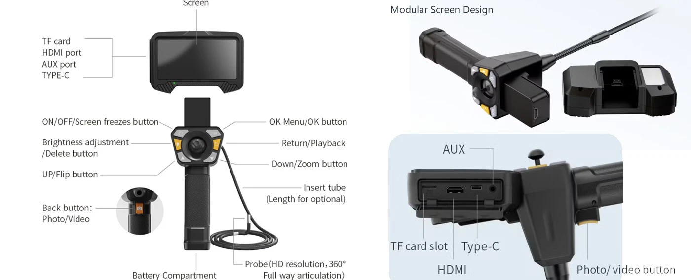 bi series 360° articulation 1080p hd joystick control 5'' intuitive borescope