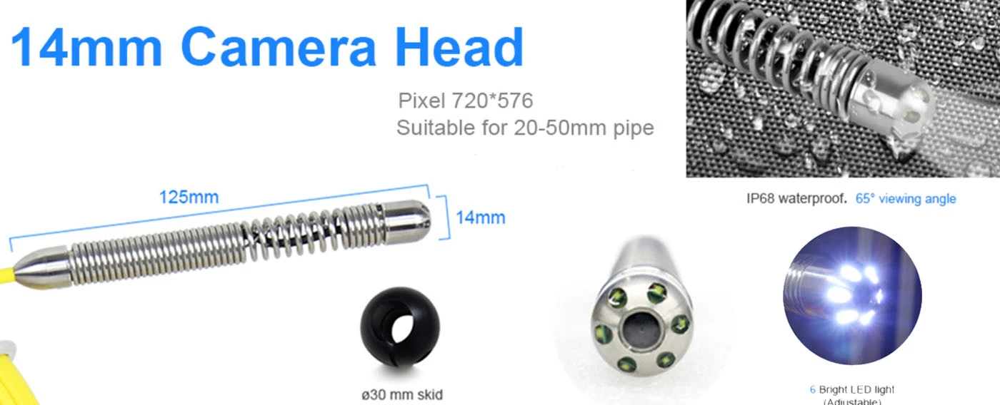 ps series 9'' hd 14mm sewer inspection camera slim pipeline endoscope