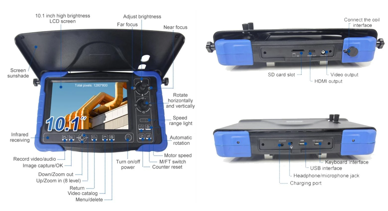 pr series 10.1'' sewer inspection dual camera rotary fhd pipeline endoscope