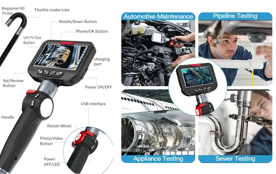 vk series two way articulating 1080p hd 4.3'' knob control videoscope