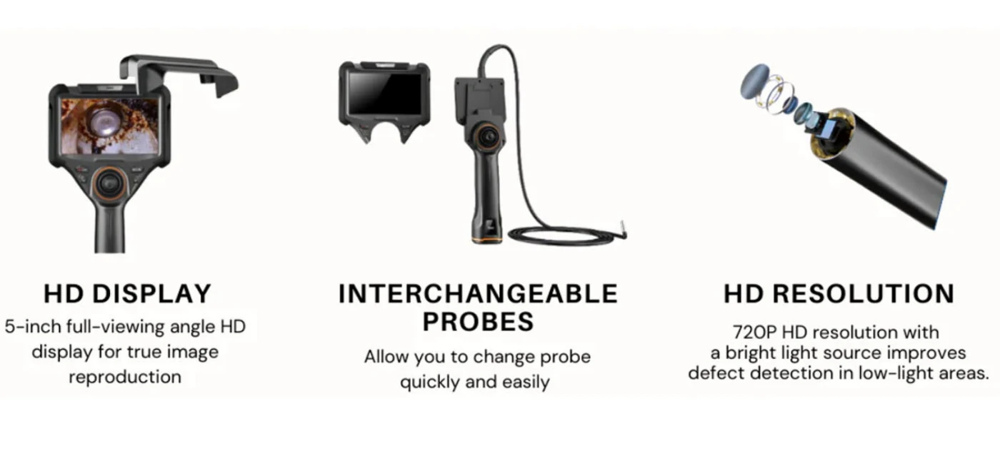 bm series 360° articulation 1080p hd joystick control 5'' multifunctional borescope