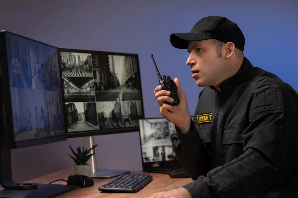 portrait male security guard with radio station camera screens