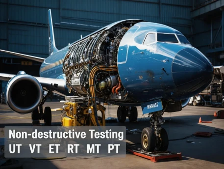 Blue narrow-body passenger aircraft with forward fuselage disassembled to expose internal wiring and machinery, parked inside an aviation maintenance hangar, text overlay listing core NDT testing methods UT VT ET RT MT PT for aerospace inspection