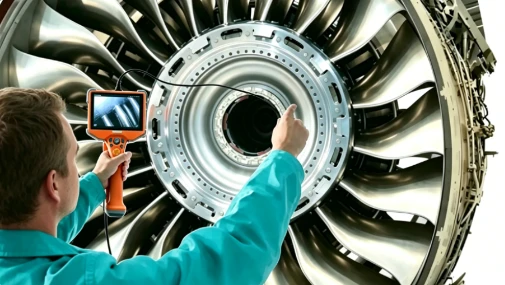 A maintenance technician in teal work uniform holds a handheld industrial video borescope, inserting its probe into a commercial turbofan engine’s central bore for non-destructive crack and wear inspection