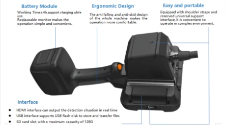 Product schematic of rugged handheld industrial borescope controller marking battery module, ergonomic grip, portable mounting design and multi-functional data interface specifications for aerospace NDT inspection