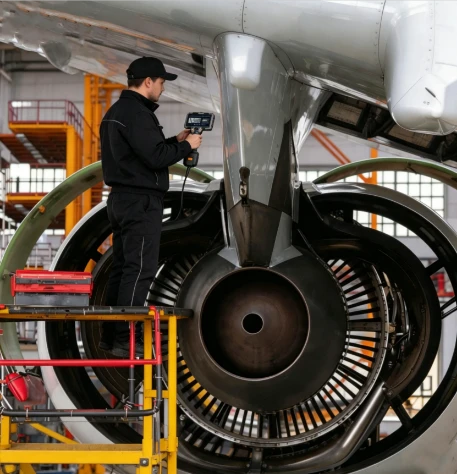 Male aircraft mechanic in black work uniform standing on maintenance scaffolding, operating a handheld digital video borescope to inspect internal blades of a large jet turbofan engine inside an MRO workshop