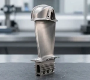 Single additively manufactured HPT high-pressure turbine blade for aero gas engine, complete with tip shroud, hollow cooling airfoil and fir-tree root, shot inside precision aerospace metrology lab