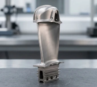 Single additively manufactured HPT high-pressure turbine blade for aero gas engine, complete with tip shroud, hollow cooling airfoil and fir-tree root, shot inside precision aerospace metrology lab