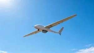 Large fixed-wing long endurance unmanned aerial vehicle with external payload pod mounted under fuselage, flying against bright cloudless blue sky for aerial mapping and patrol missions