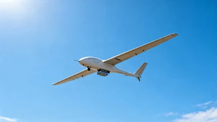 Large fixed-wing long endurance unmanned aerial vehicle with external payload pod mounted under fuselage, flying against bright cloudless blue sky for aerial mapping and patrol missions