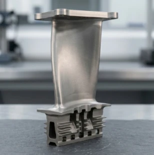 Single 3D printed low-pressure turbine guide vane (LPT stator blade) without tip shroud, with ribbed hollow cooling root structure, aerospace component lab display 