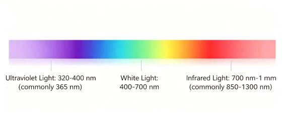 Visible light spectrum gradient chart marking wavelength ranges: UV 320–400 nm (typical 365 nm), white visible light 400–700 nm, infrared light 700 nm–1 mm (typical 850–1300 nm) for industrial NDT borescope lighting reference
