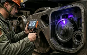 Technician with safety helmet inspects heavy-duty gear set inside open gearbox via UV industrial borescope; ultraviolet light highlights surface cracks on metal gears