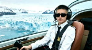 Ordinary flight experience participant dressed in pilot uniform with aviation headset, holding helicopter flight stick and controlling the rotorcraft over glacier mountains under instructor supervision