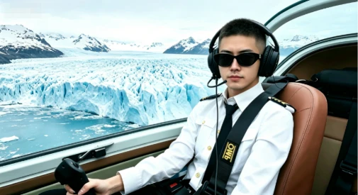 Ordinary flight experience participant dressed in pilot uniform with aviation headset, holding helicopter flight stick and controlling the rotorcraft over glacier mountains under instructor supervision
