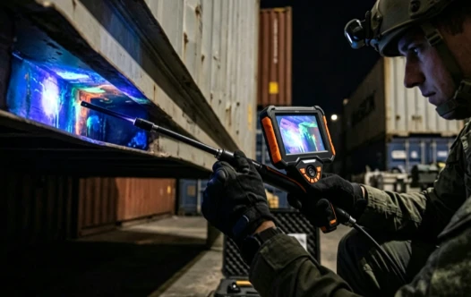 Inspector equipped with helmet uses handheld UV video borescope to scan dark confined cavity under shipping container; ultraviolet light illuminates internal space at night container yard