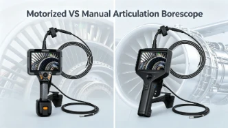 Split screen product comparison of motorized joystick-controlled articulation borescope and manual dial-controlled flexible inspection camera, with turbofan engine background for aerospace NDT use case