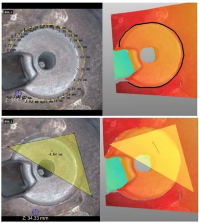Four-panel split screen of industrial inspection software: real-time probe imaging with linear dimension readings, color-coded 3D depth contour mapping and triangular area depth measurement of metal workpiece defects