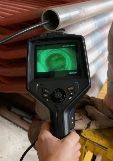 Operator holding handheld motorized UV borescope controller, flexible probe inserted into hollow metal tube; screen displays fluorescent green indications of internal surface defects under ultraviolet excitation