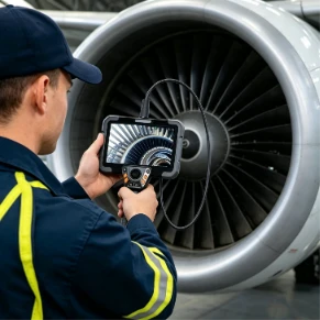 Aircraft maintenance mechanic in high-visibility work uniform holding motorized joystick borescope, inserting flexible probe into turbofan engine fan hub for internal blade visual inspection