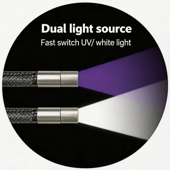 Circular product illustration showing two braided flexible borescope probe heads, upper emits purple UV light, lower outputs white light; text reads Dual light source, Fast switch UV/ white light for NDT inspection
