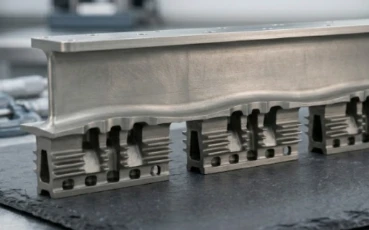 Long metal additive manufactured aircraft wing spar web structural beam, pre-fitted with a row of LPT low-pressure turbine guide vane root segments inside metrology laboratory
