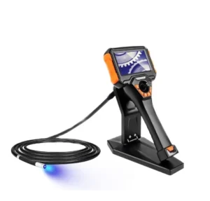Ergonomic orange-black handheld motorized articulation borescope kit on charging stand, equipped with flexible UV LED probe emitting blue ultraviolet light for fluorescent penetrant crack inspection