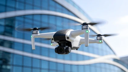 White lightweight quadcopter drone with gimbal camera and carbon fiber top shell, hovering in front of curved glass skyscraper for commercial aerial photography