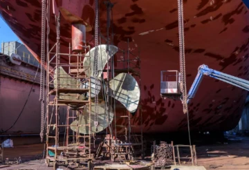 Large ship propeller under maintenance with scaffolding at dry‑dock shipyard
