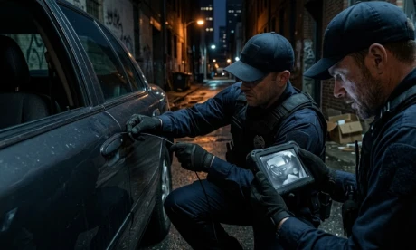 Law enforcement officers use portable borescope to inspect inside vehicle at night crime scene
