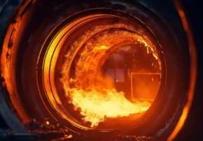 Inside view of high‑temperature rotary furnace with burning molten material glowing orange