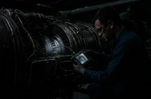 Technician uses industrial borescope to inspect aero‑engine internal components in maintenance workshop