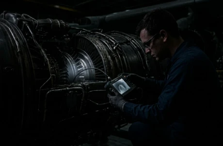 Technician uses industrial borescope to inspect aero‑engine internal components in maintenance workshop