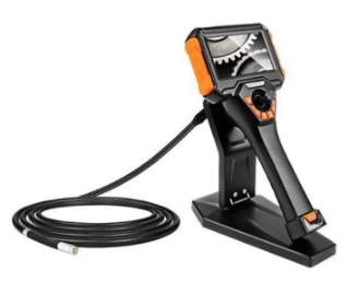 Handheld industrial video borescope with flexible insertion tube and HD display screen on stand