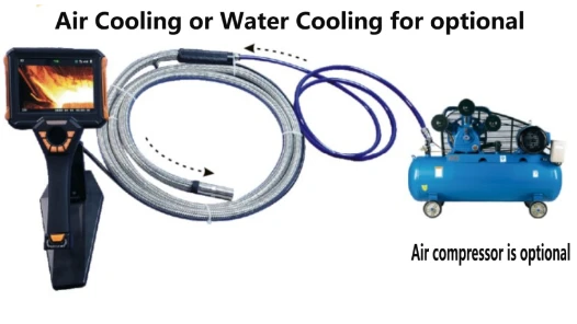 High‑temperature resistant video borescope system with optional air cooling, connected to external air compressor