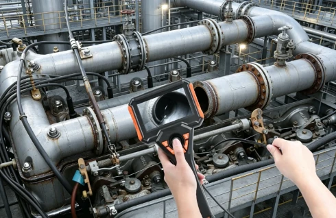 Technician using industrial videoscope inspecting metal pipeline in petrochemical plant