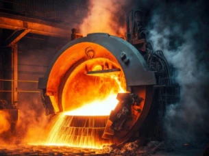 Industrial steel mill furnace pouring glowing molten metal in heavy metallurgy plant