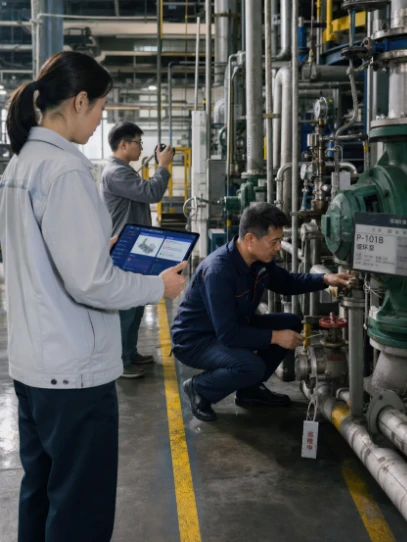 Factory technicians conduct equipment inspection, worker holding tablet for digital plant maintenance