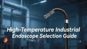 High-temperature industrial endoscope probe with flexible articulating cable, factory piping background, High-Temperature Industrial Endoscope Selection Guide text overlay