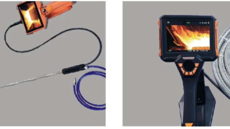 Two portable industrial endoscope handheld units with flexible camera probes, showing live thermal inspection images on built-in screens
