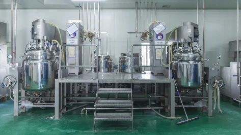 Stainless steel vacuum emulsifier production line in clean pharmaceutical cosmetic manufacturing workshop
