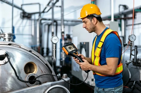 Industrial inspector uses handheld video borescope to inspect inside pressure vessel equipment